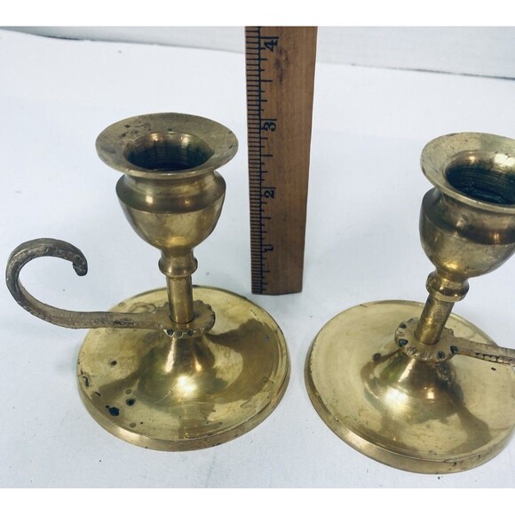 Set of 2 Brass Chamberstick Candle Holder Set | Vintage  Pair Brass Chamberstick Taper Candle Holders w Finger Loop VTG Karamursel Turkey